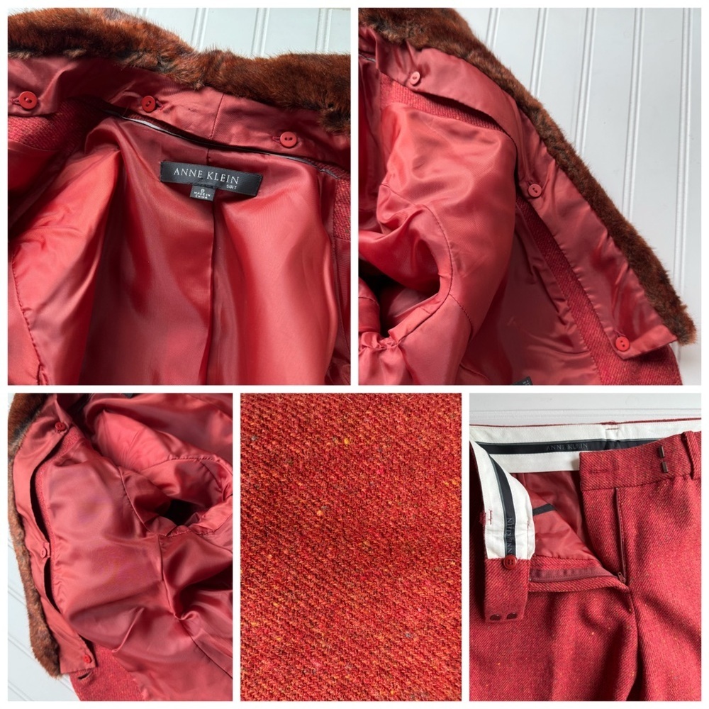 Anne Klein 2Pc Pant Suit Blazer Jacket Faux Fur Wool Blend Red Orange Size 8 NWT - Picture 9 of 16